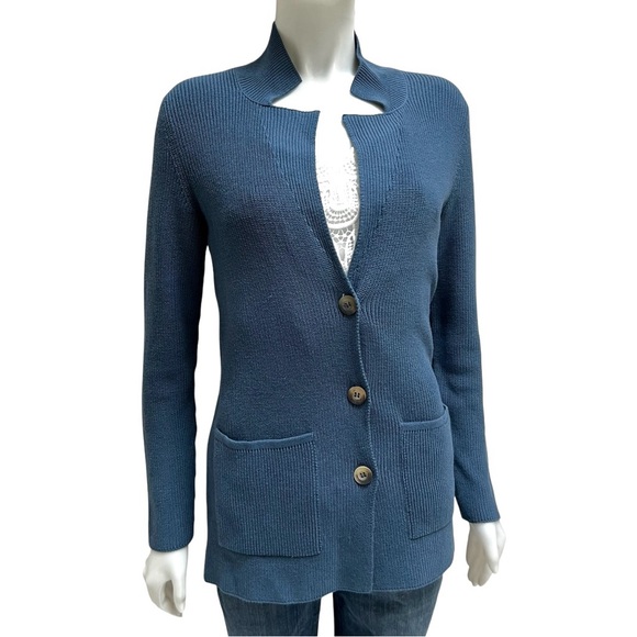 New PERUVIAN CONNECTION Yacht Club Blue Knit Cardigan Cotton Nautical Costal NWT - Picture 2 of 13